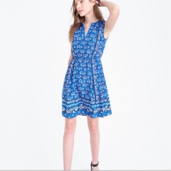 J. Crew Border Print Vibrant Blue Silk Dress Sz 2 - Picture 1 of 13